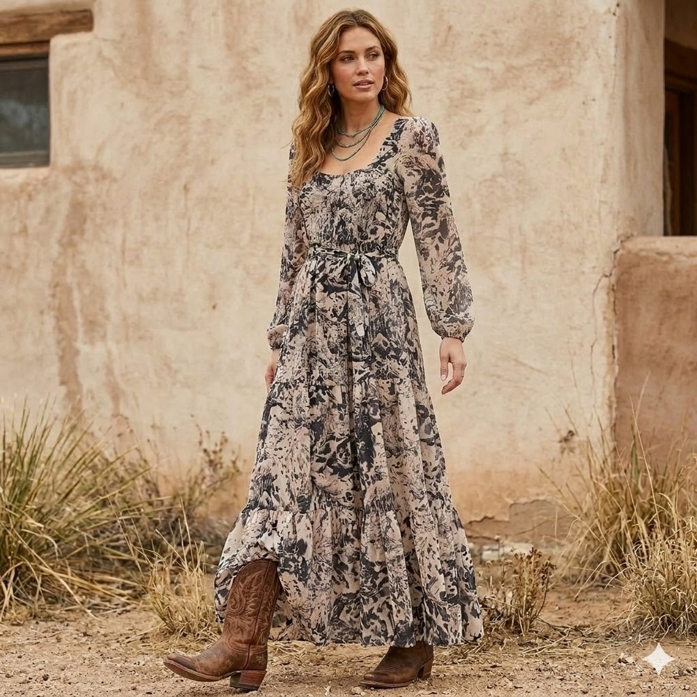 Avec Les Filles 2 Wild Horses Maxi Dress Tan Black‎ Smocked Tiered Boho NWT